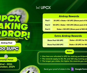 UPCX’s latest staking airdrop campaign for October, promoting financial democratization.